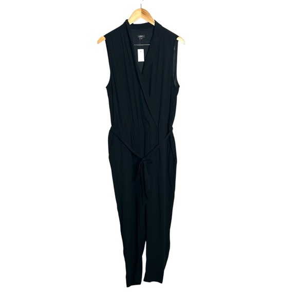 LOFT Black Tuxedo Lapel Elastic Waist Stretch Sleeveless Belted Jumpsuit Sz 12 - Picture 2 of 9